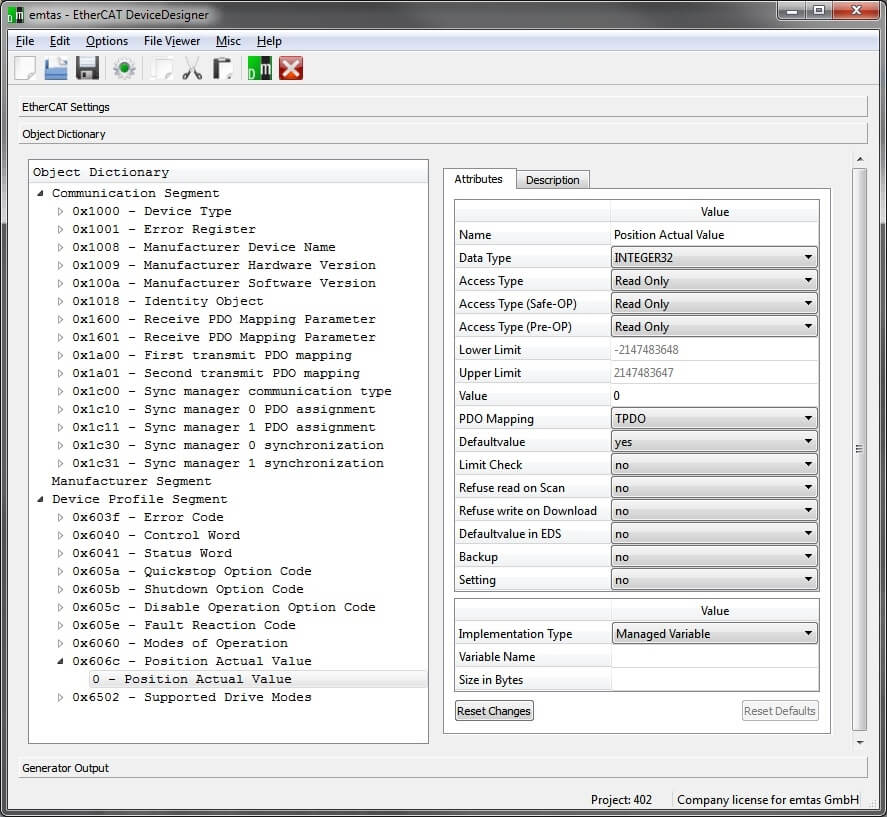 EtherCAT DeviceDesigner Data screen view