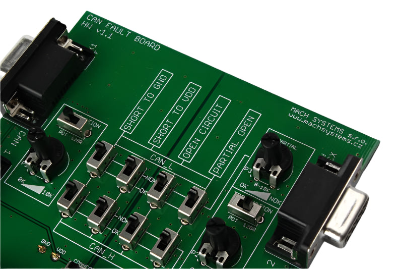 Mach Systems MA-BUS-FAULT-INJECTOR Bus Fault Injection Board close-up of bare circuit board and switches