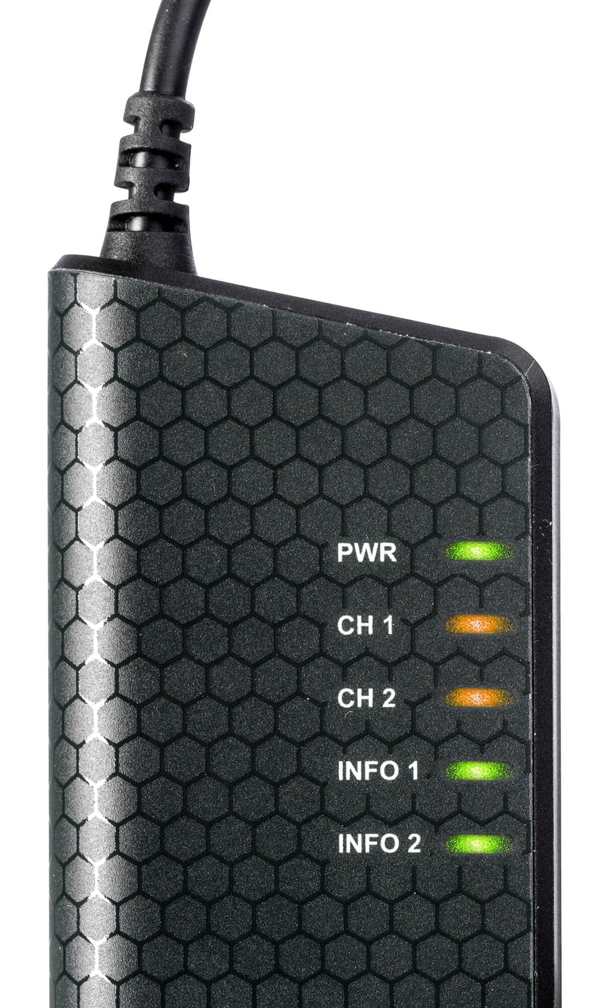 Kvaser KV-00965-3 Hybrid 2xCAN/LIN with green and amber LED indicator lights close up