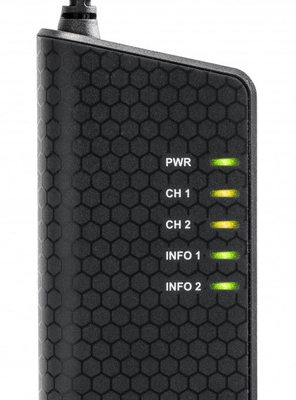 KV-01042-0 close up of a CAN/LIN interface green and yellow LEDs lighted